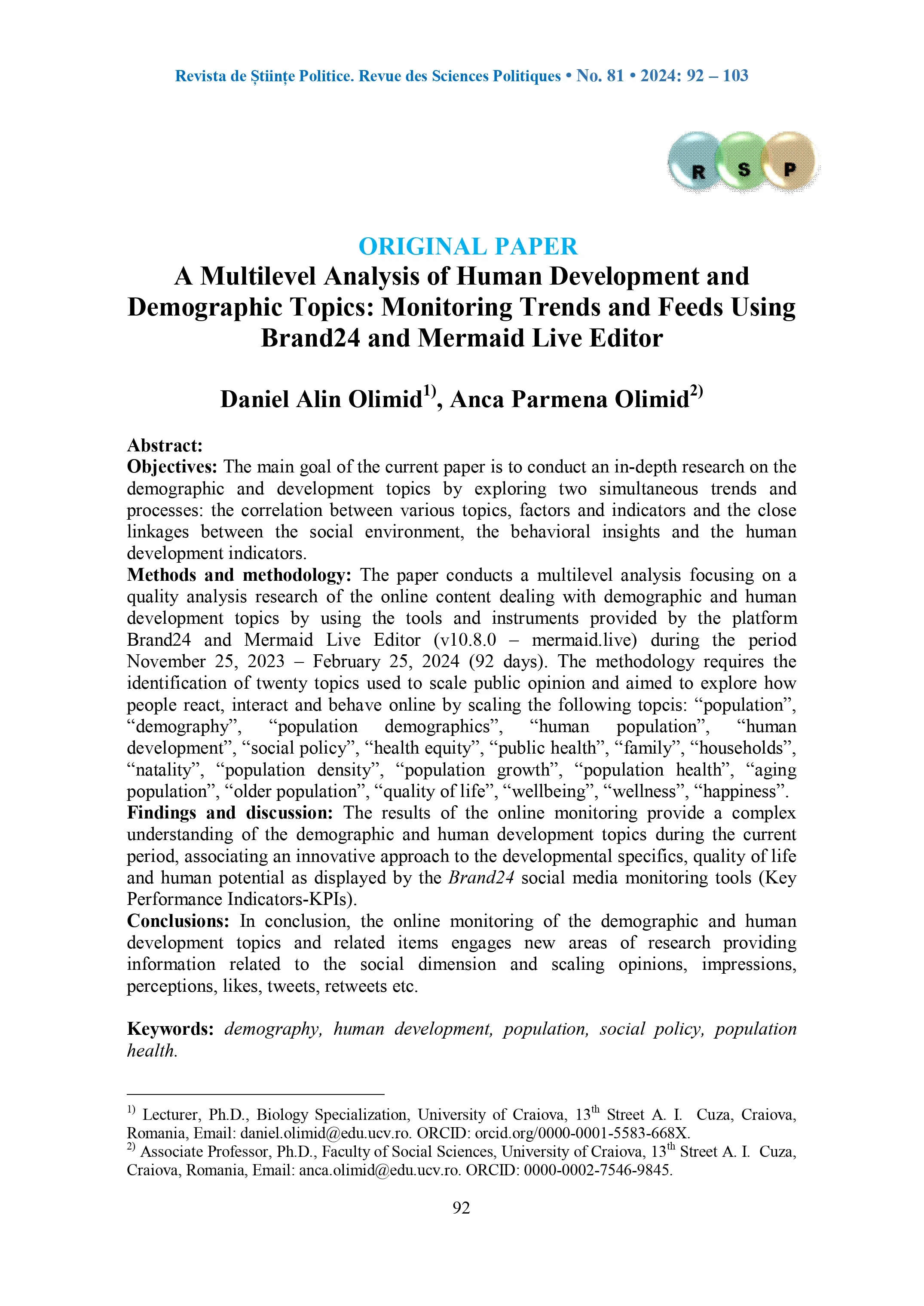 A Multilevel Analysis of Human Development and Demographic Topics: Monitoring Trends and Feeds Using Brand24 and Mermaid Live Editor